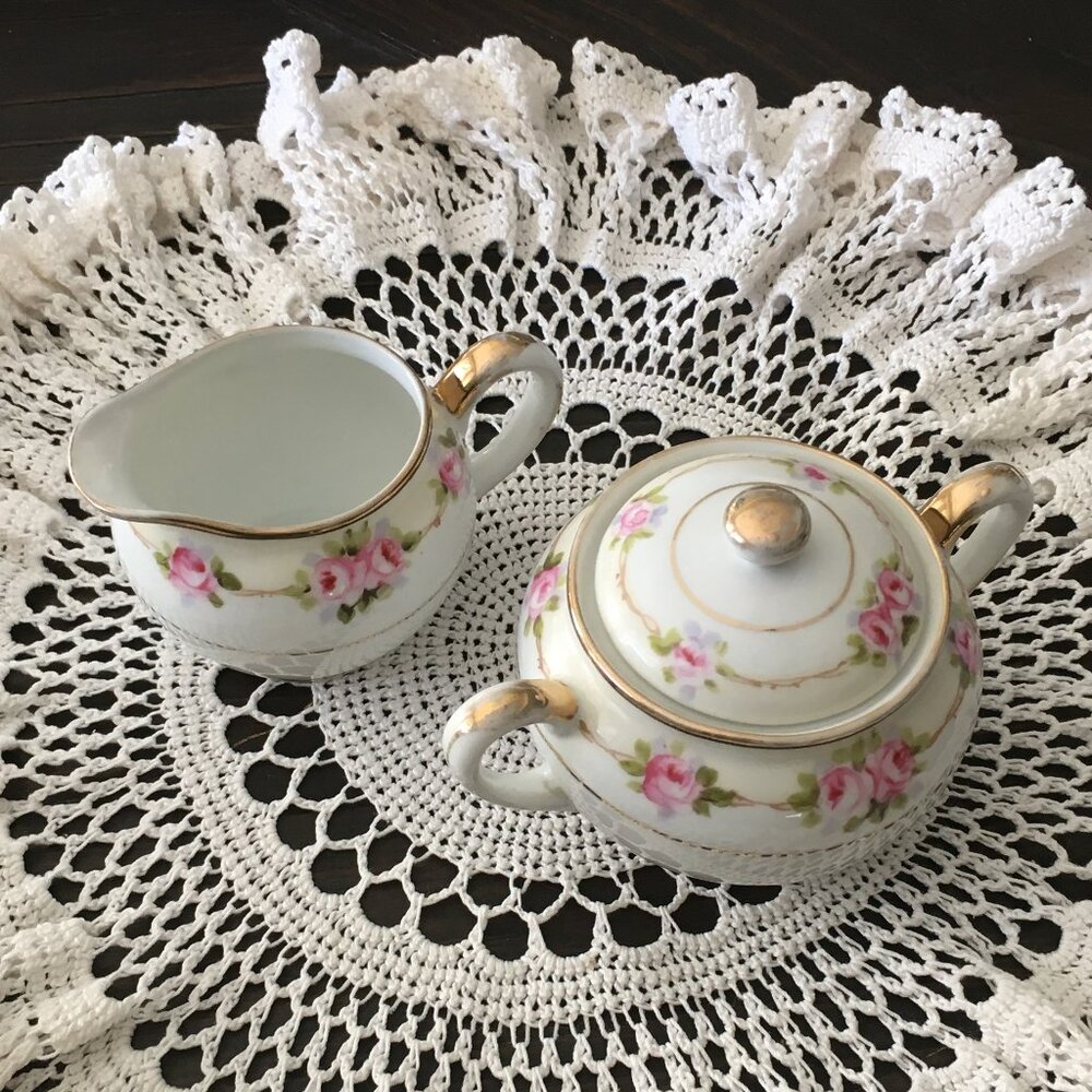 ntique Hand Painted Nippon Floral Porcelain Sugar & Creamer Set